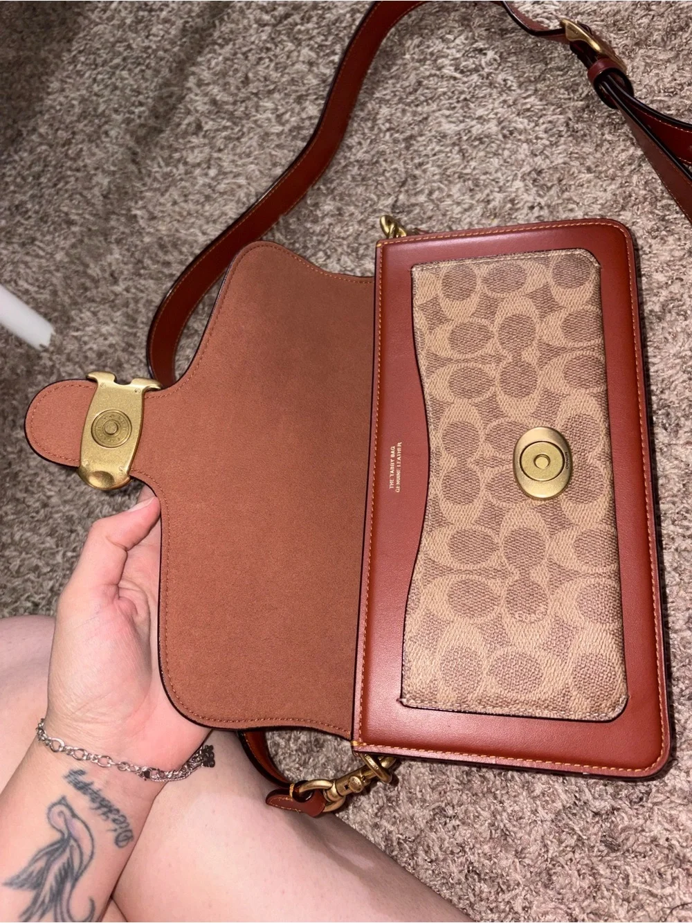 Coach Tan/Brown Signature Canvas Crossbody with Gold 'C' Accent